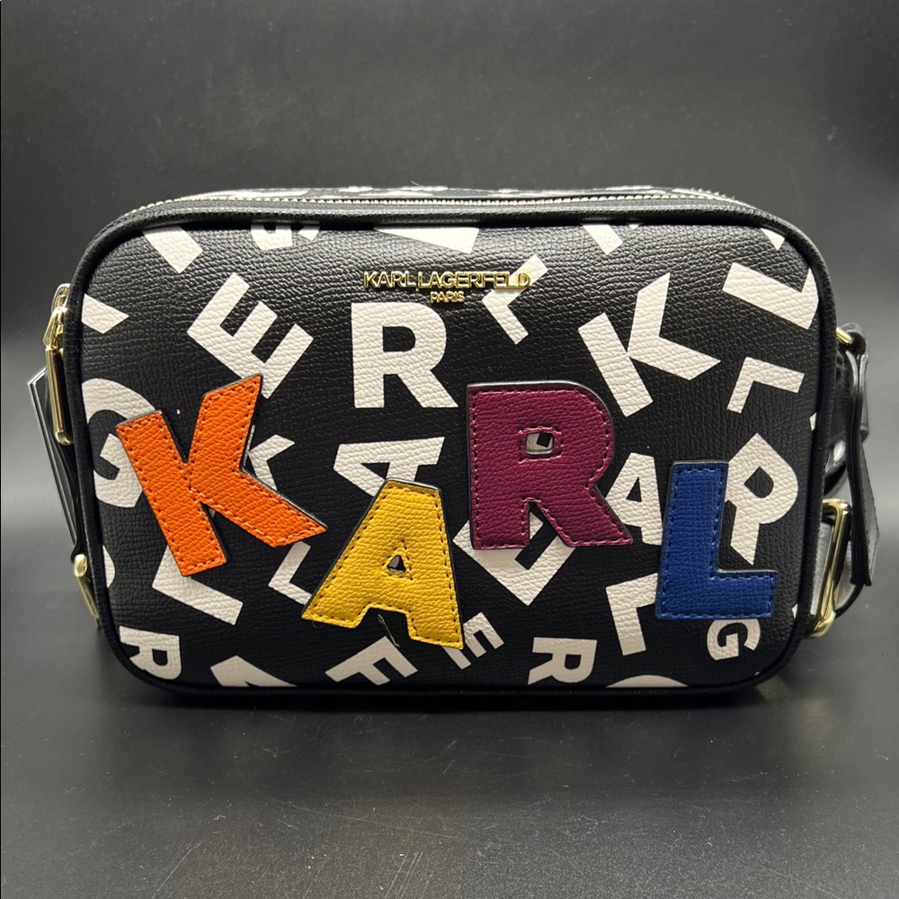 Karl Lagerfeld Black Crossbody Bag  Camera Bag with Multicolor Letters NEW - Picture 2 of 13